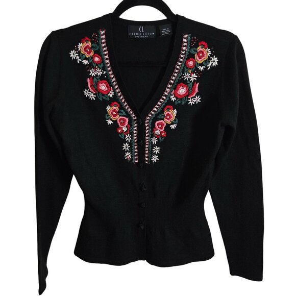 Carole Little Black Floral Embroidered V Neck Knit Button Detail Sweater Size S - Picture 2 of 6